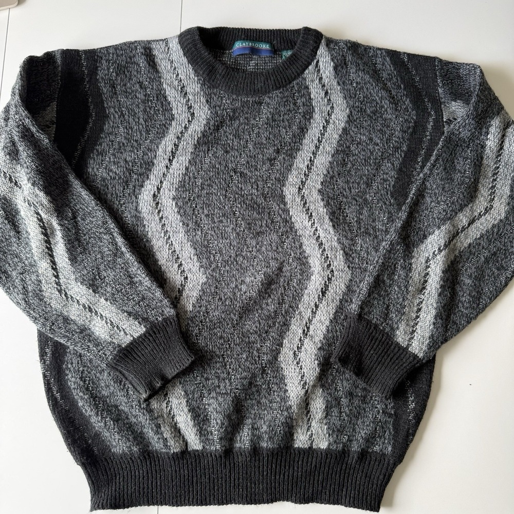 Vintage Claybrooke‎ Men's L Wool Blend Abstract Sweater Gray Made In Korea